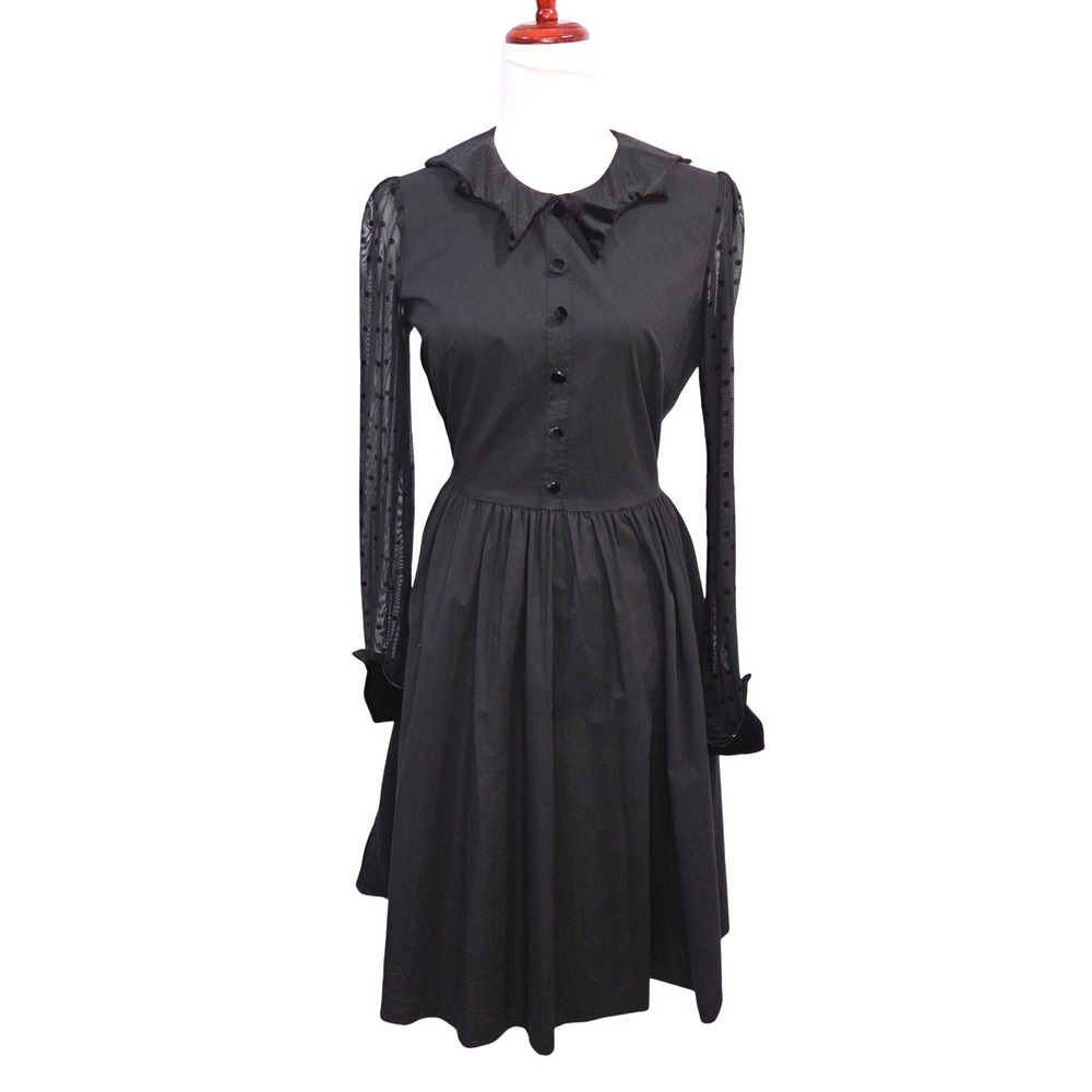 Retrolicious Velvet Trim Collar Dress M Dot Mesh Sleeve Goth Witchy Wednesday